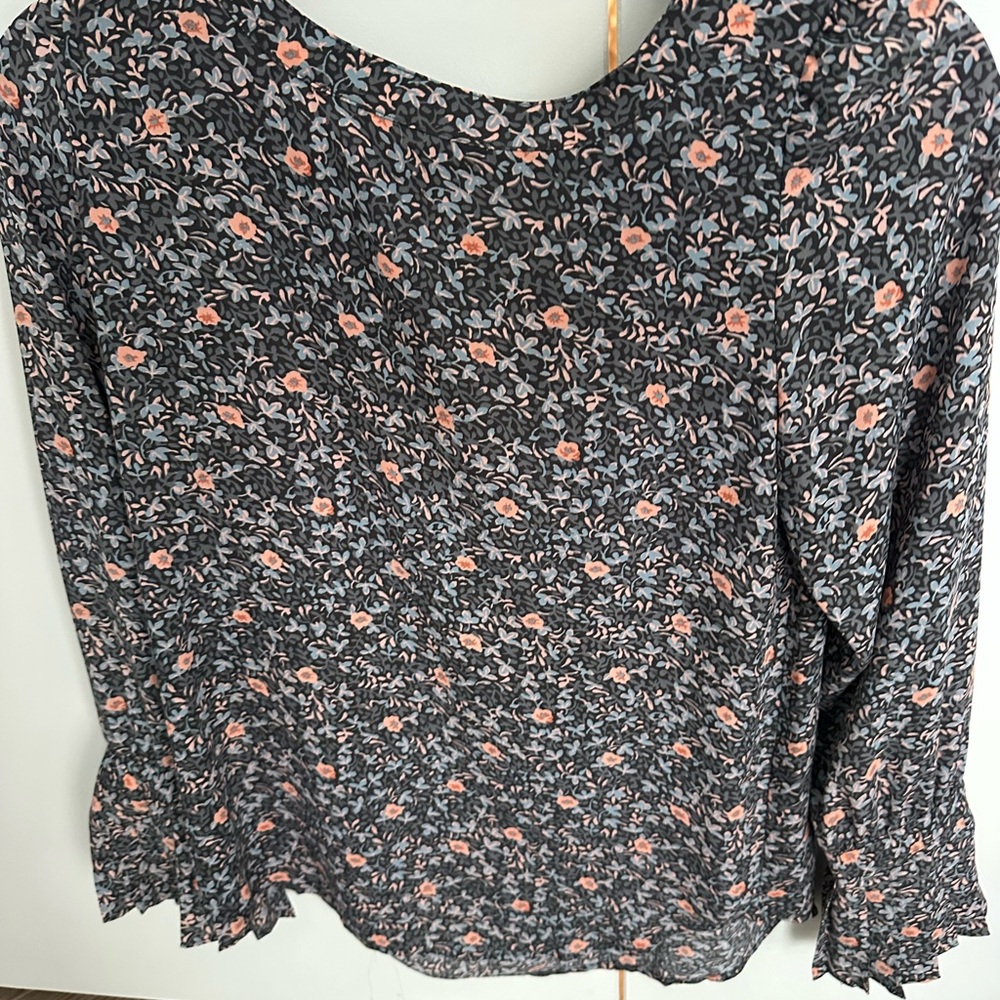LOFT Black Floral Blouse with Pink and Blue Accents